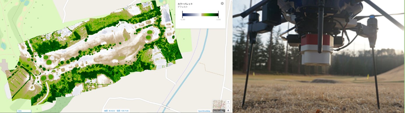 ドローンによる芝育成状況可視化解析結果の画像（左）　　ドローンに装着した多周波カメラ（右）.jpg